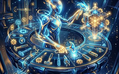 Silhouette humanoïde lumineuse bleue et or orchestrant des outils flottants (marteau, engrenages, clés) autour d'un plateau circulaire holographique, sur fond sombre étoilé