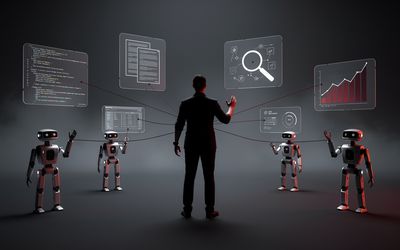 Silhouette d'un homme de dos en costume sombre, bras levés tenant des fils lumineux burgundy reliés à plusieurs robots humanoïdes blancs disposés en arc autour de lui, devant des panneaux holographiques affichant du code, un document, une loupe de recherche et un graphique de performance, sur fond anthracite