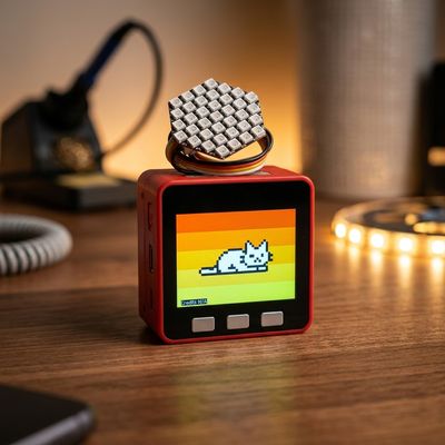 Gros plan du boîtier rouge M5Stack Fire ESP32 affichant un chat en pixel art Mistral couché sur un fond arc-en-ciel rayé, avec une matrice LED hexagonale éteinte sur le dessus, posé sur un bureau en bois clair